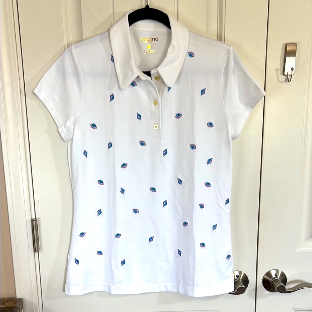 Lilly Pulitzer Frida Polo UPF50 Gone Shellin Embroidered Golf Top Size Large NWT